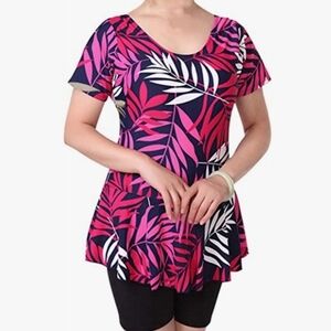 Knaspor Modest Swimsuit w/Attached Shorts Rose Red Floral Leaf Print Size 12-14